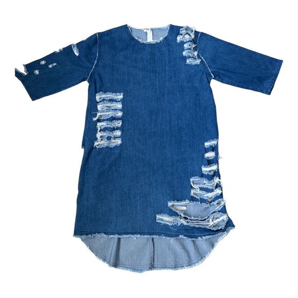 FASHION NOVA Distressed Hi-lo Denim Dress Size L. - Picture 7 of 7